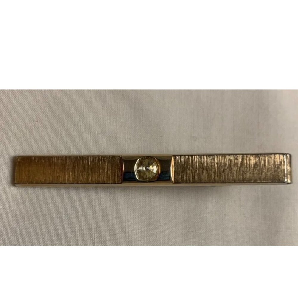 Vintage Sarah Coventry Tie Bar Clip Brushed Gold Tone w Rhinestone Center